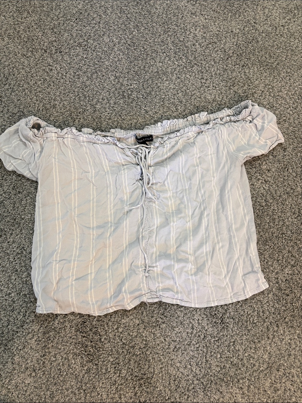 Kendall & Kylie Light Blue and White Striped Off-Shoulder Crop Top
